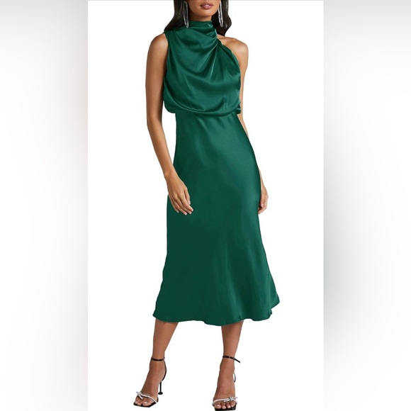 Ferlema Womens Formal Satin Dress Mock Neck Keyhole Sleeveless Wedding - Picture 2 of 6